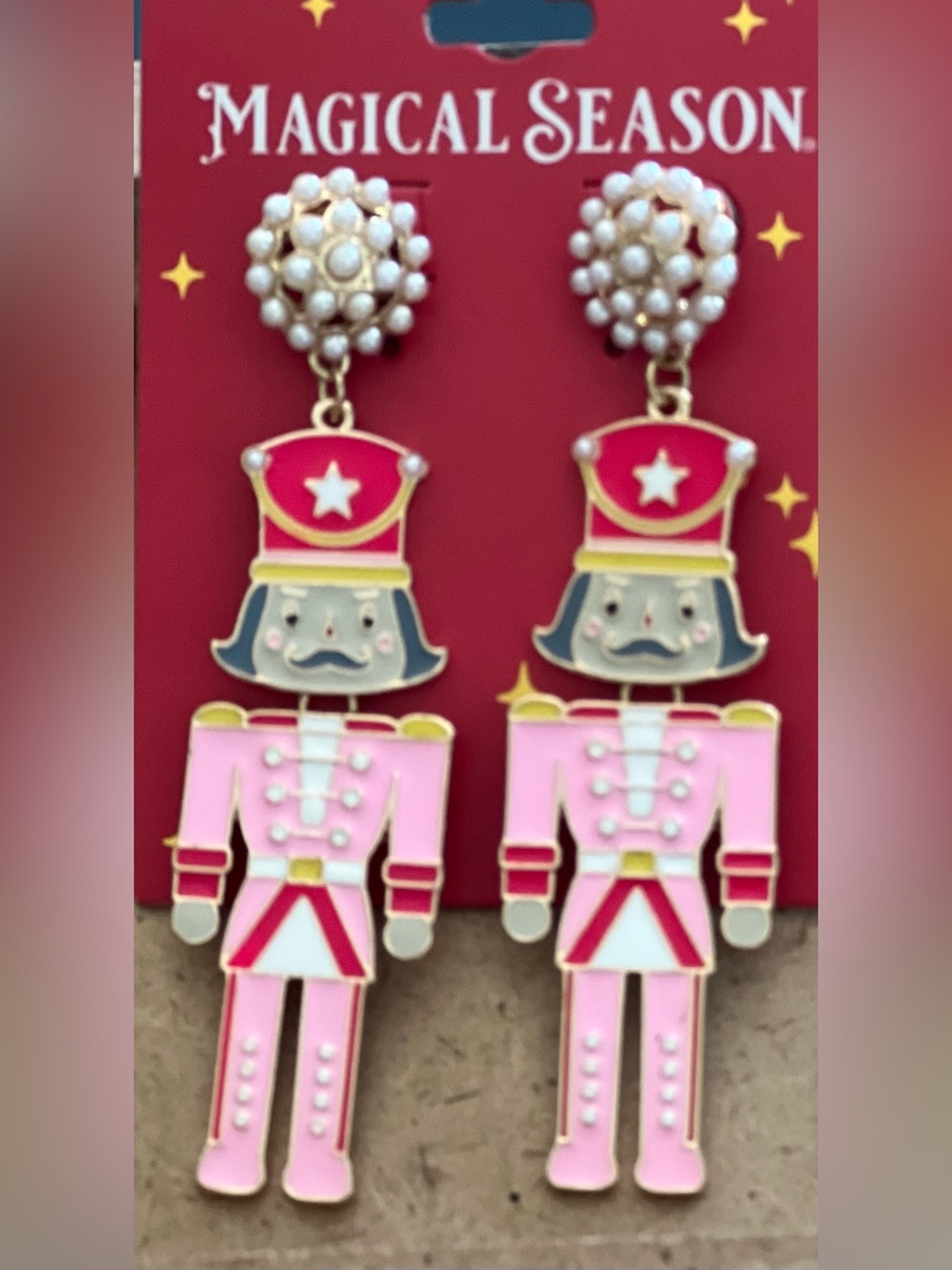 Pink Nutcracker Drop Earrings with Pearl Tops